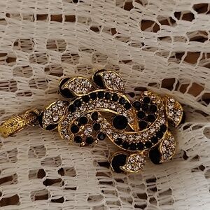 Vintage Chunky Black Rhinestones On Gold Tone Pendant Setting